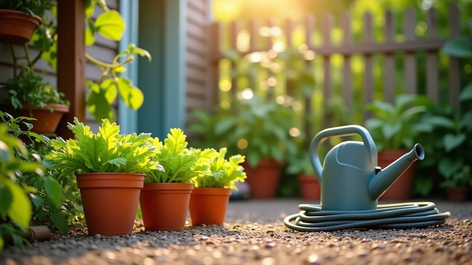 Vegetable garden for beginners: shaded lettuce pots and sunlit staked tomatoes