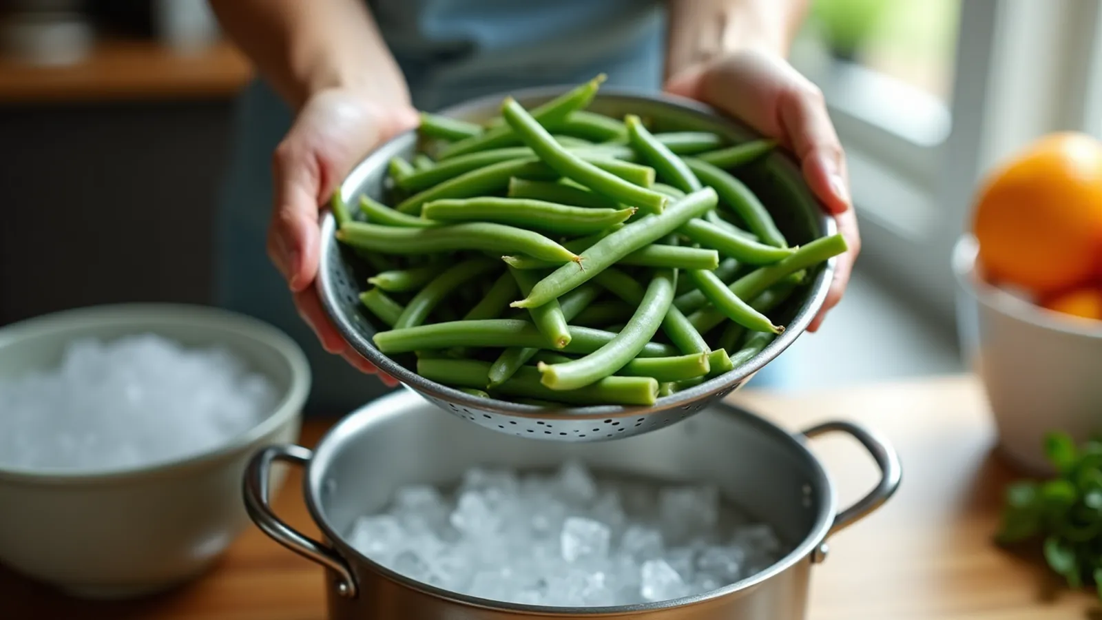 Hands moving a colander of green beans beside a boiling pot and ice water