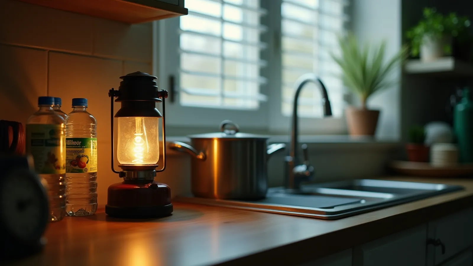 Bottled water and a covered pot on a kitchen counter during a boil water advisory