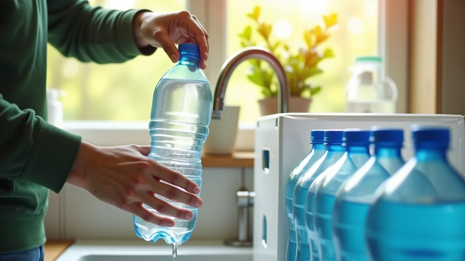 Hands filling a rinsed plastic bottle at a kitchen tap beside a row of stored water bottles