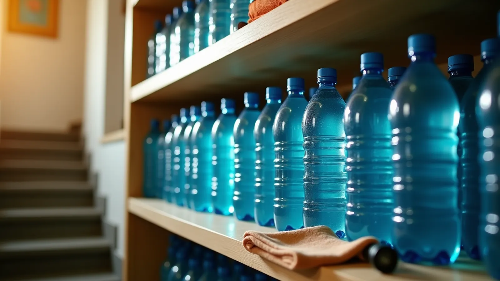 Clear water bottles lined on a basement shelf, ready for bottled water shelf life planning