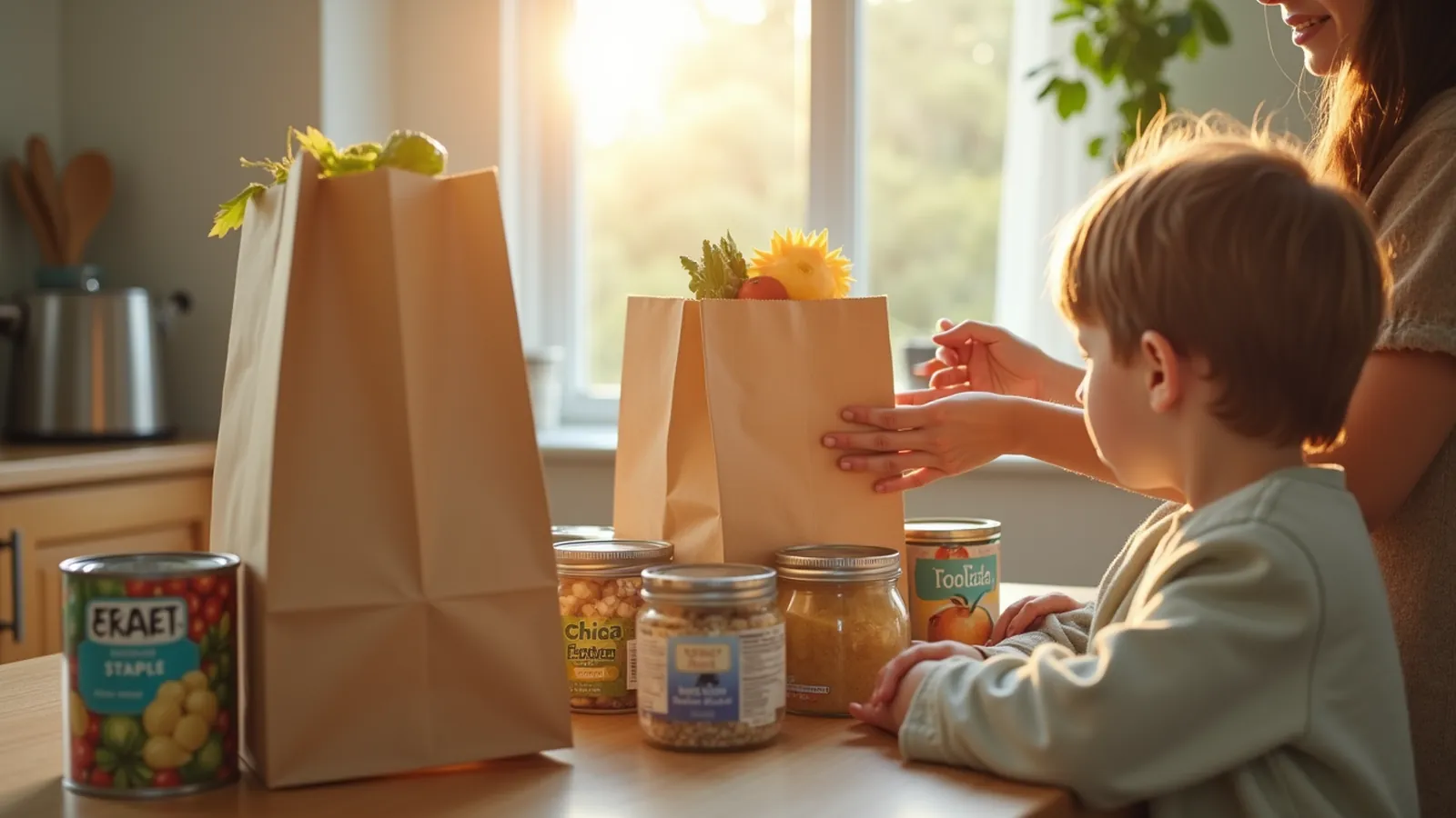 A parent sorts cheap emergency food supply boxes and cans into a kitchen bin.