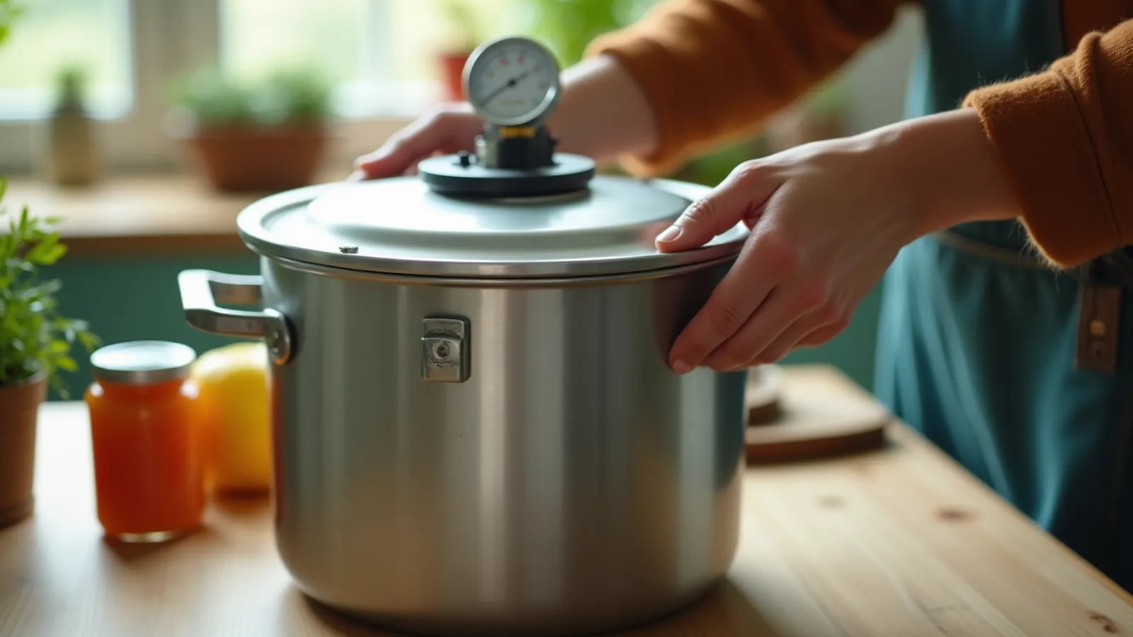 Hands on the locking lid of an aluminum pressure canner on a gas stove, with clean jars on the counter