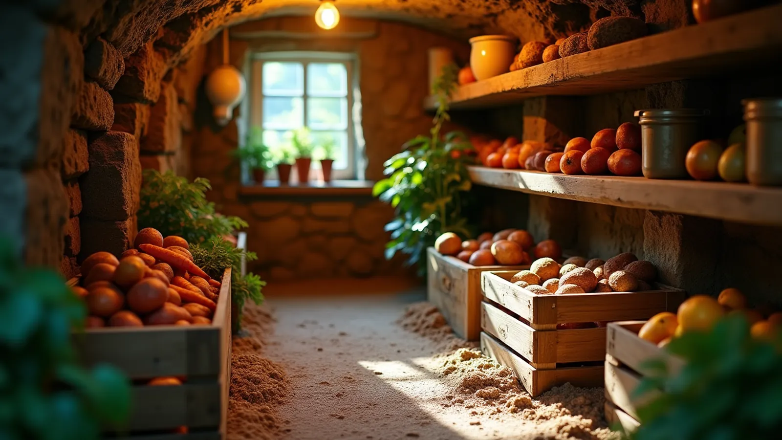 A stone root cellar lit by one bulb, with crates of potatoes, carrots and apples on shelves and the floor