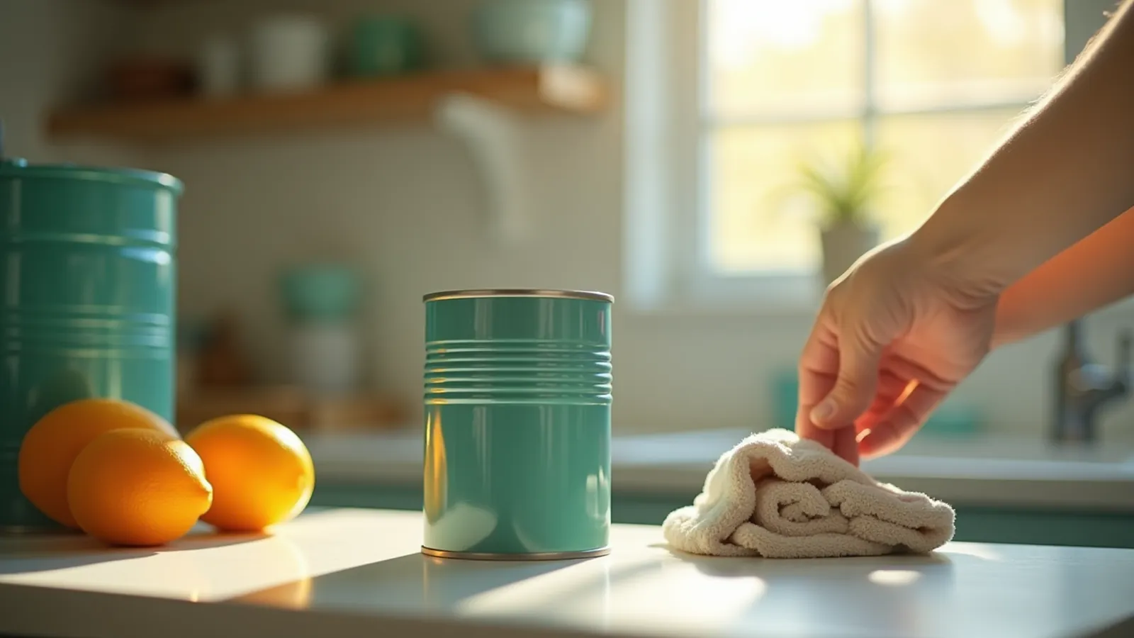 A hand inspecting a dented plain can on a kitchen counter.