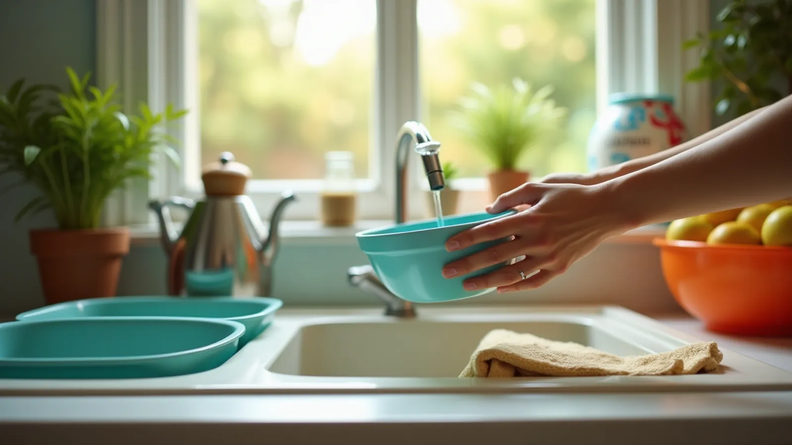 Two basins, a dish rack and kettle beside a sunny kitchen sink
