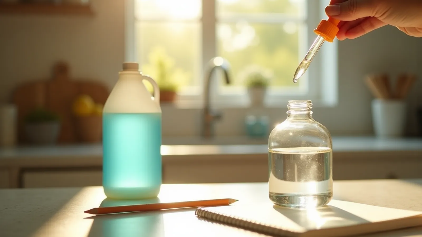 Measuring bleach into a jug of water to disinfect it, on a bright kitchen counter