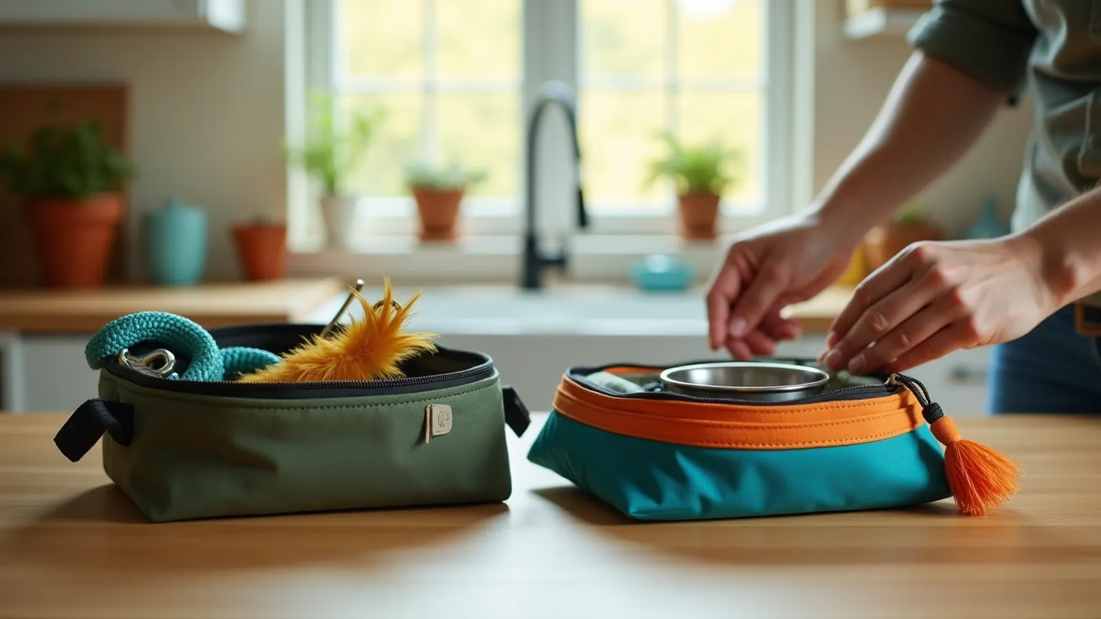 Two open pet supply pouches for dog and cat on a kitchen table