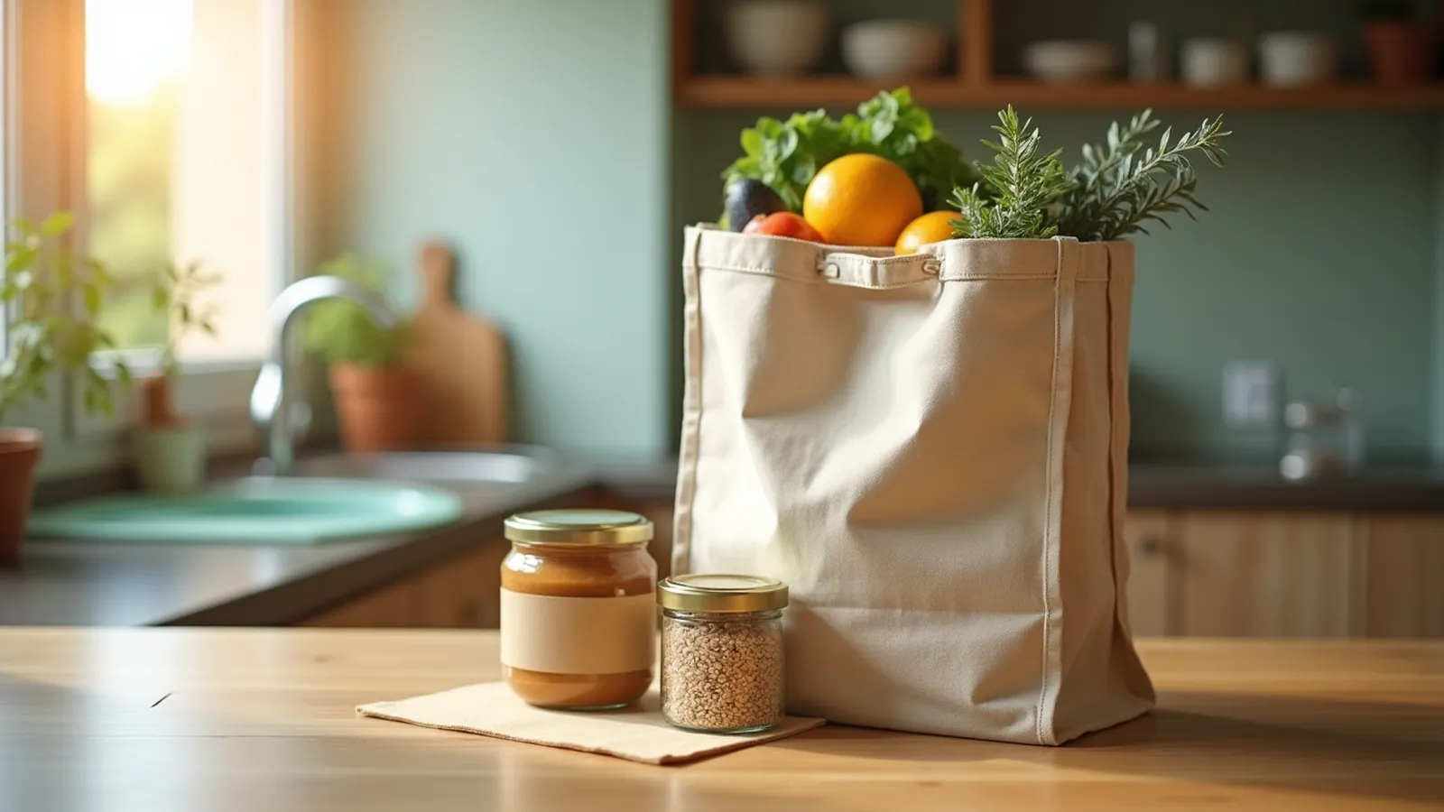 A canvas grocery bag, a jar of peanut butter and a jar of grains on a kitchen counter