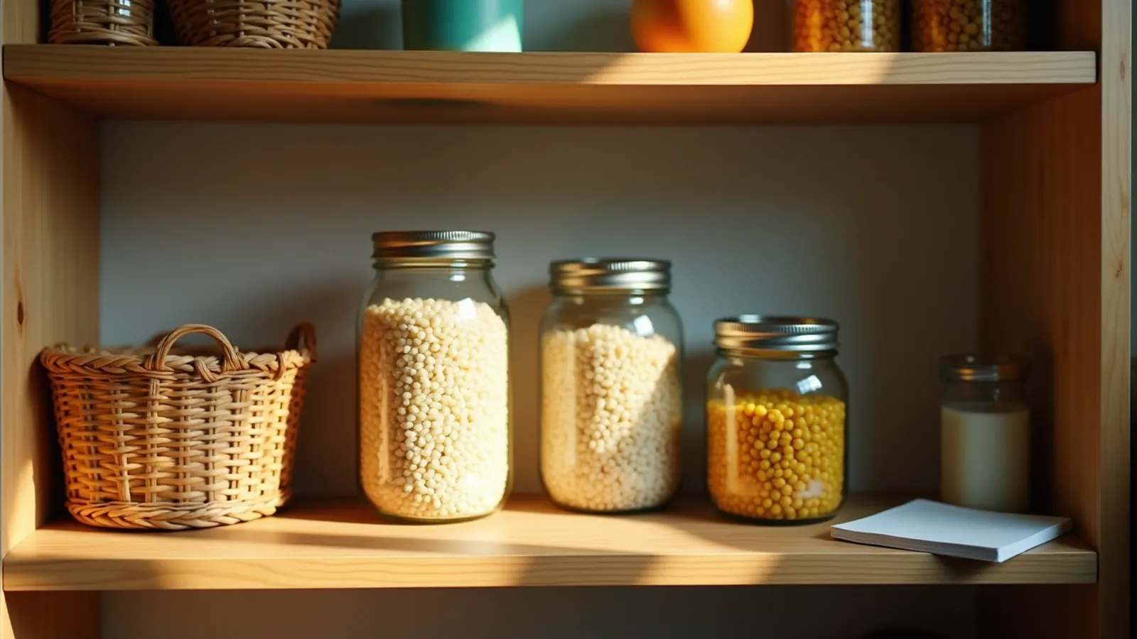 A calm pantry shelf of jars, cans and baskets for an emergency food supply list.