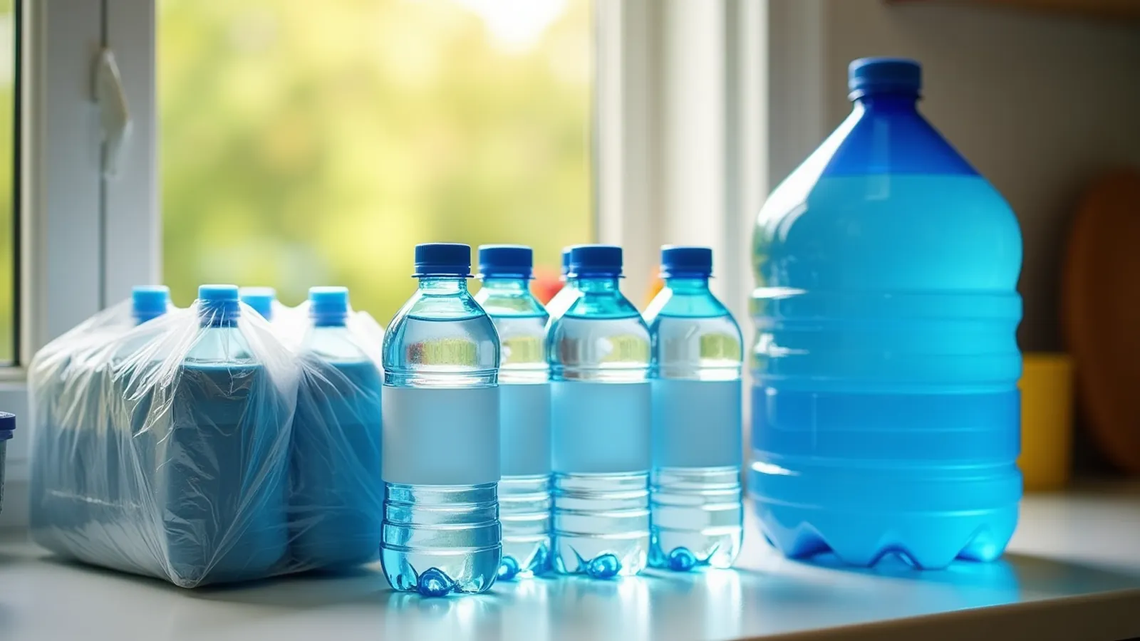 Emergency water storage: a wrapped case of bottled water, smaller bottles and a large blue water jug on a sunny counter