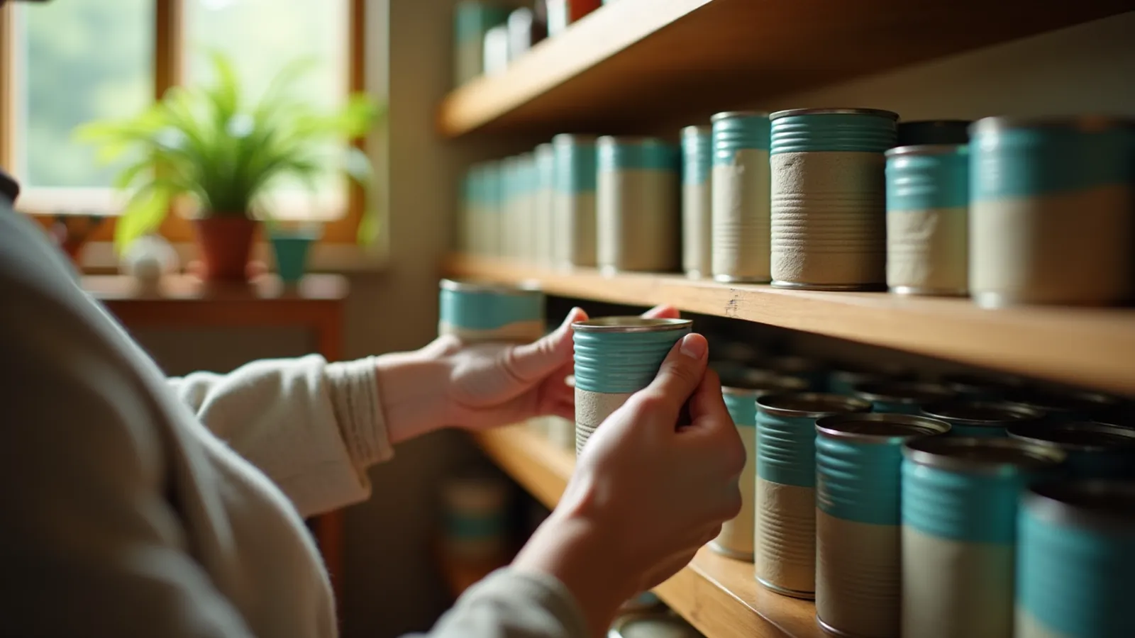 Hands checking expired canned food on wooden pantry shelves in soft daylight.