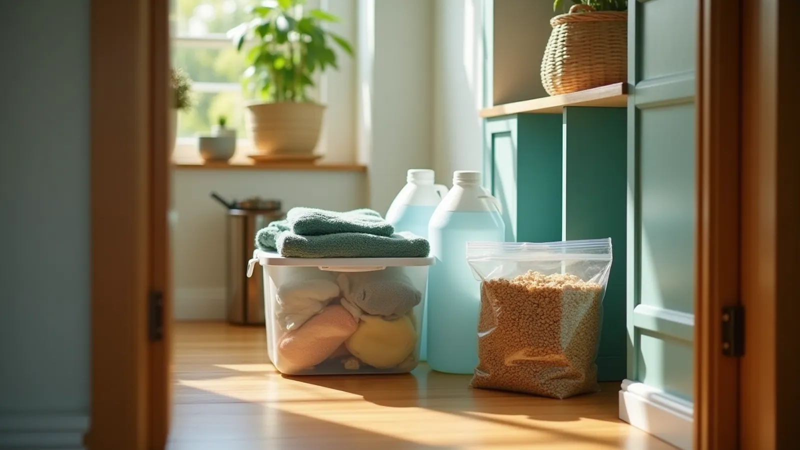 Family 72-hour kit tote, water jugs and dog bag in a closet