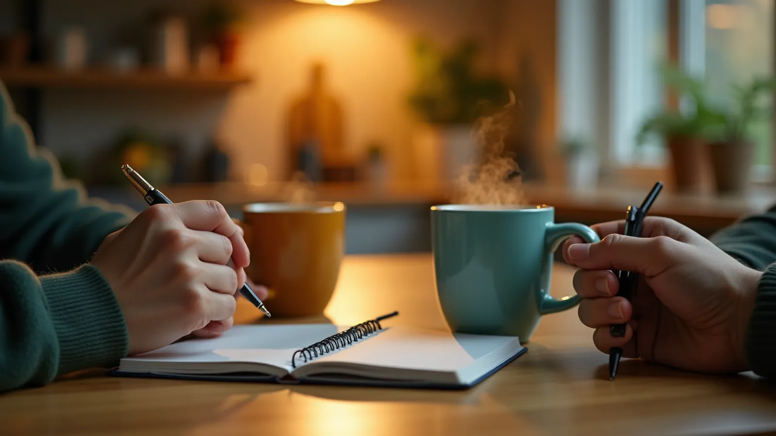 Two adults' hands at a kitchen table with notebook and mugs planning a family emergency meeting