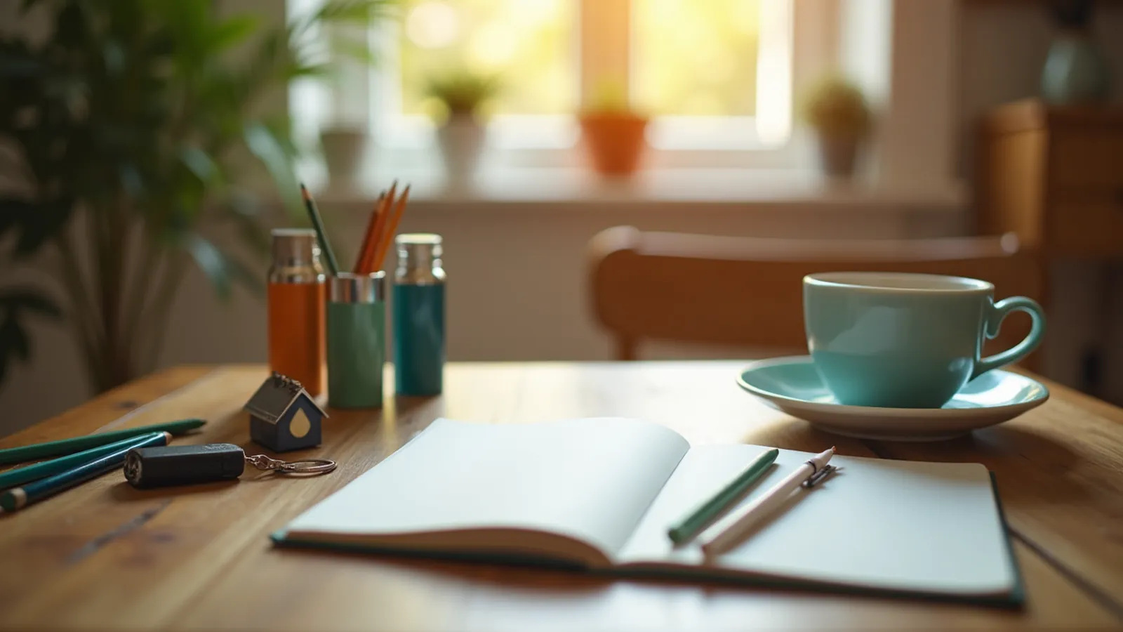 A blank notebook, pencils, house keys and a cup of tea on a kitchen table, ready for a family emergency plan