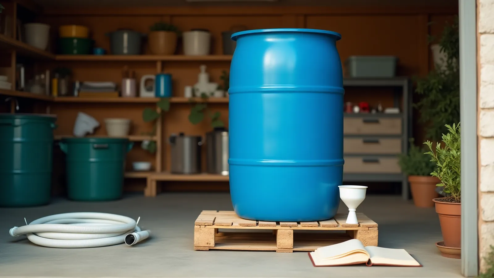 A food-grade 55-gallon water barrel on a pallet in a clean garage with hose and funnel