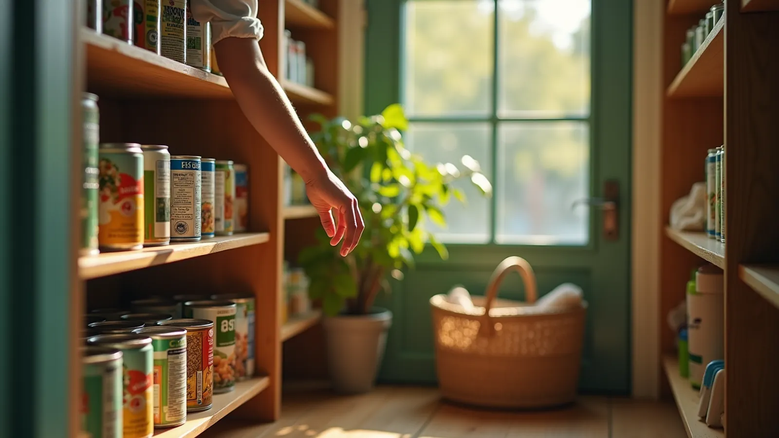 Pantry shelves set up for food storage can rotation with front cans easy to reach