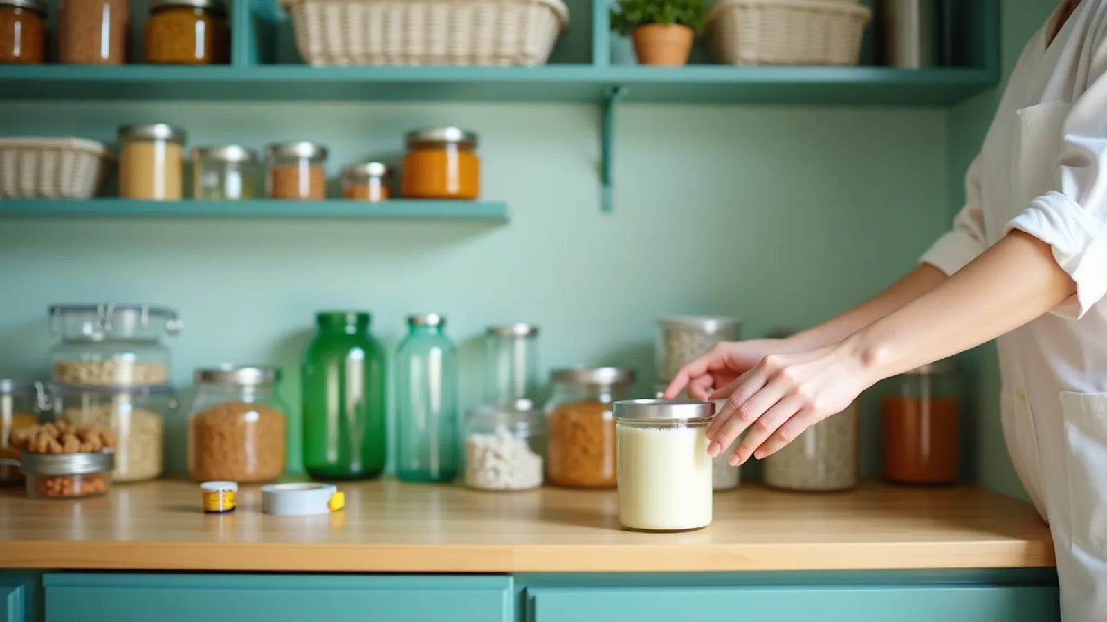 Hands arranging glass jars and freezer baskets on a low shelf for food storage