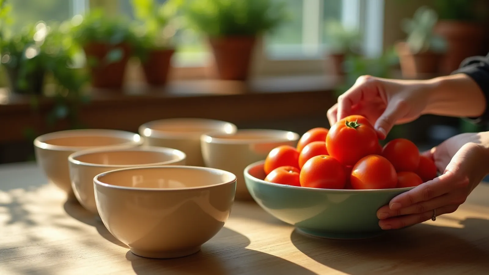 Hands sorting tomatoes into four bowls on a wooden kitchen table in warm light
