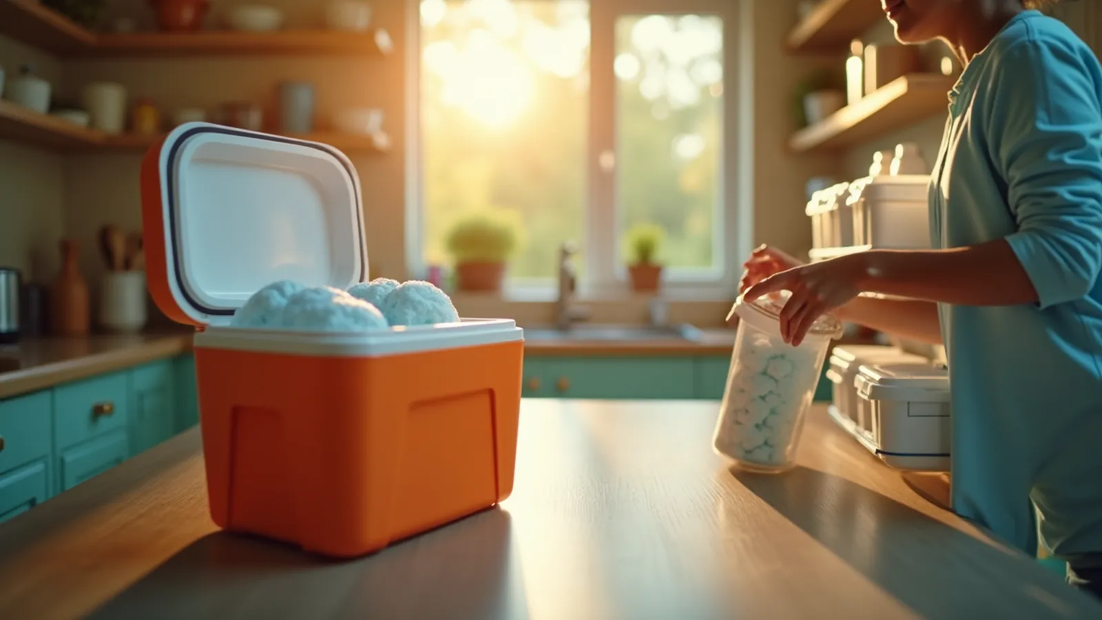 Freezer food safety power outage with an open cooler and ice packs on a kitchen counter.