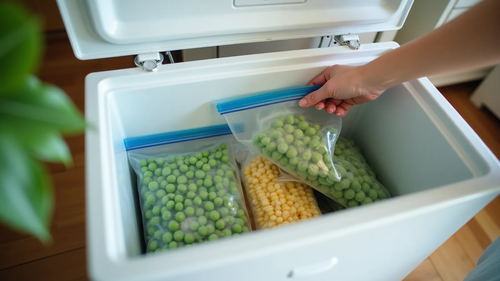 A hand lifts a zip-top bag of frozen peas from a chest freezer packed with frozen vegetables
