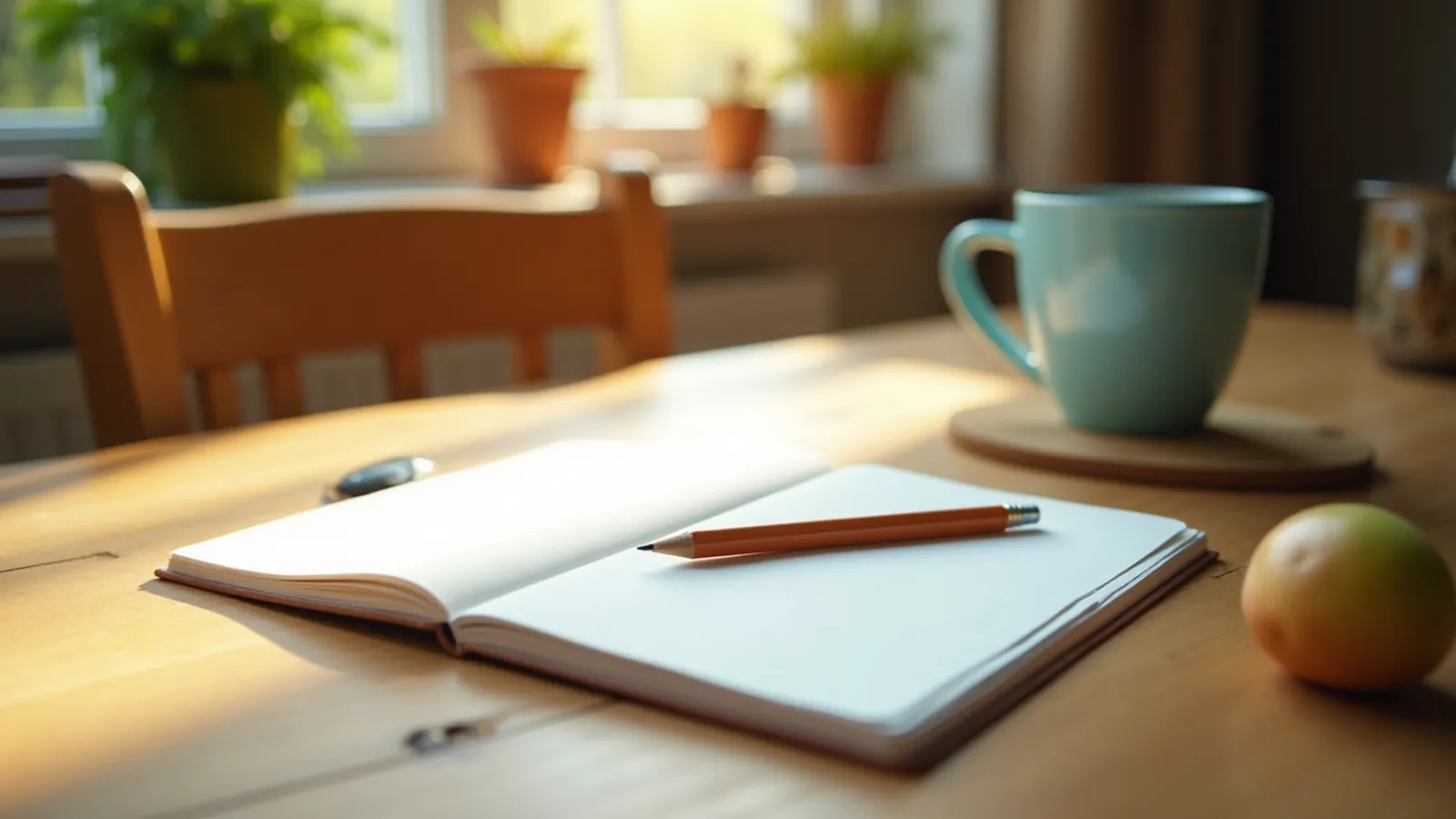 Notebook, pencil and thermometer on a kitchen table in soft morning light
