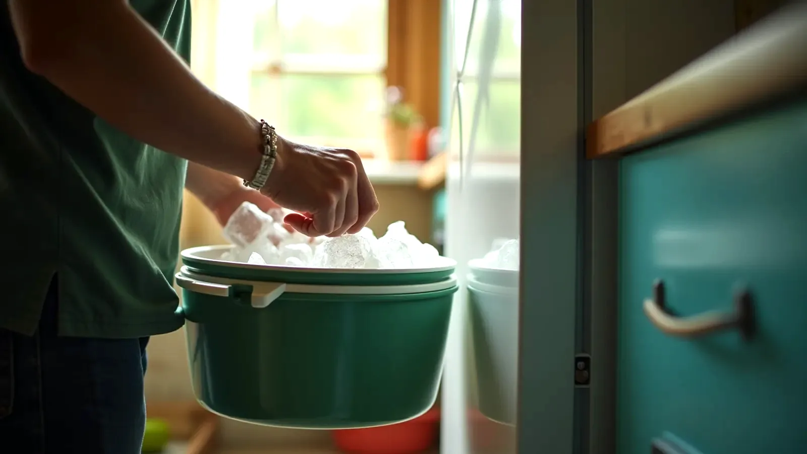Hands pack food into a cooler beside a fridge without power