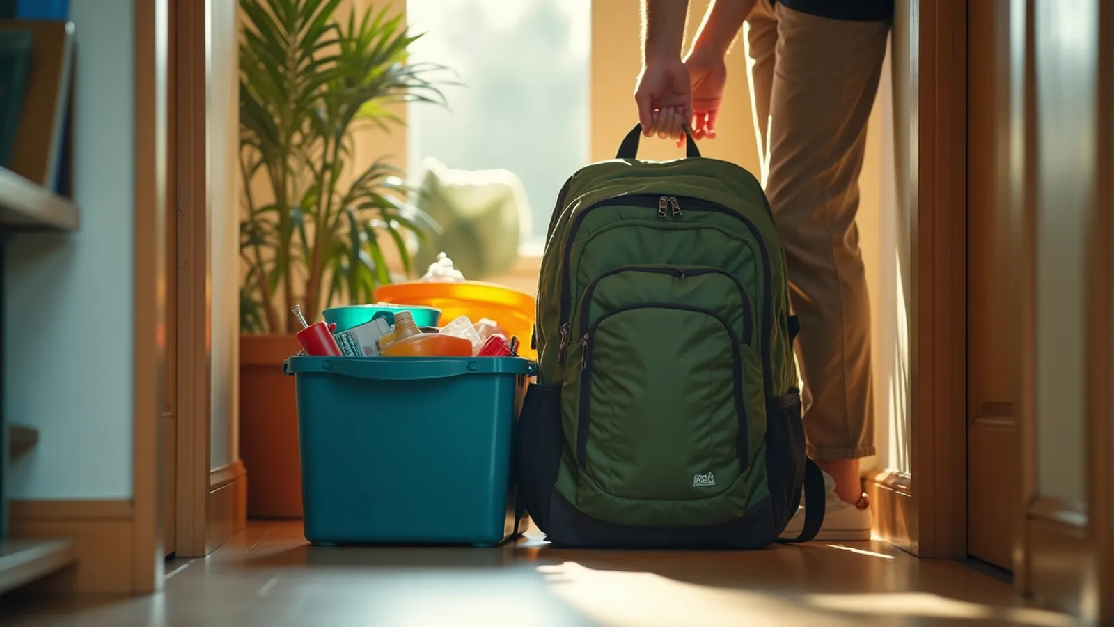 Backpack go-bag beside a larger home emergency tote in a closet
