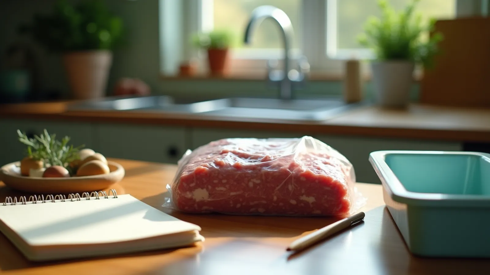 Soft ground beef in a sealed bag sits beside a blank notebook and pencil