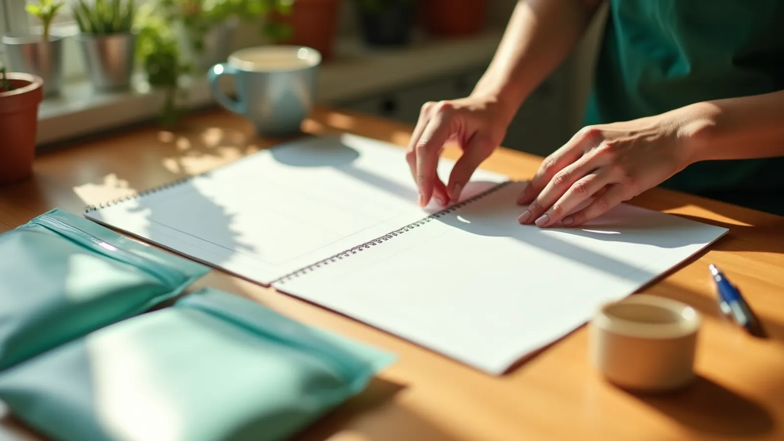 Hands sorting important documents organization papers into waterproof pouches on a kitchen table.
