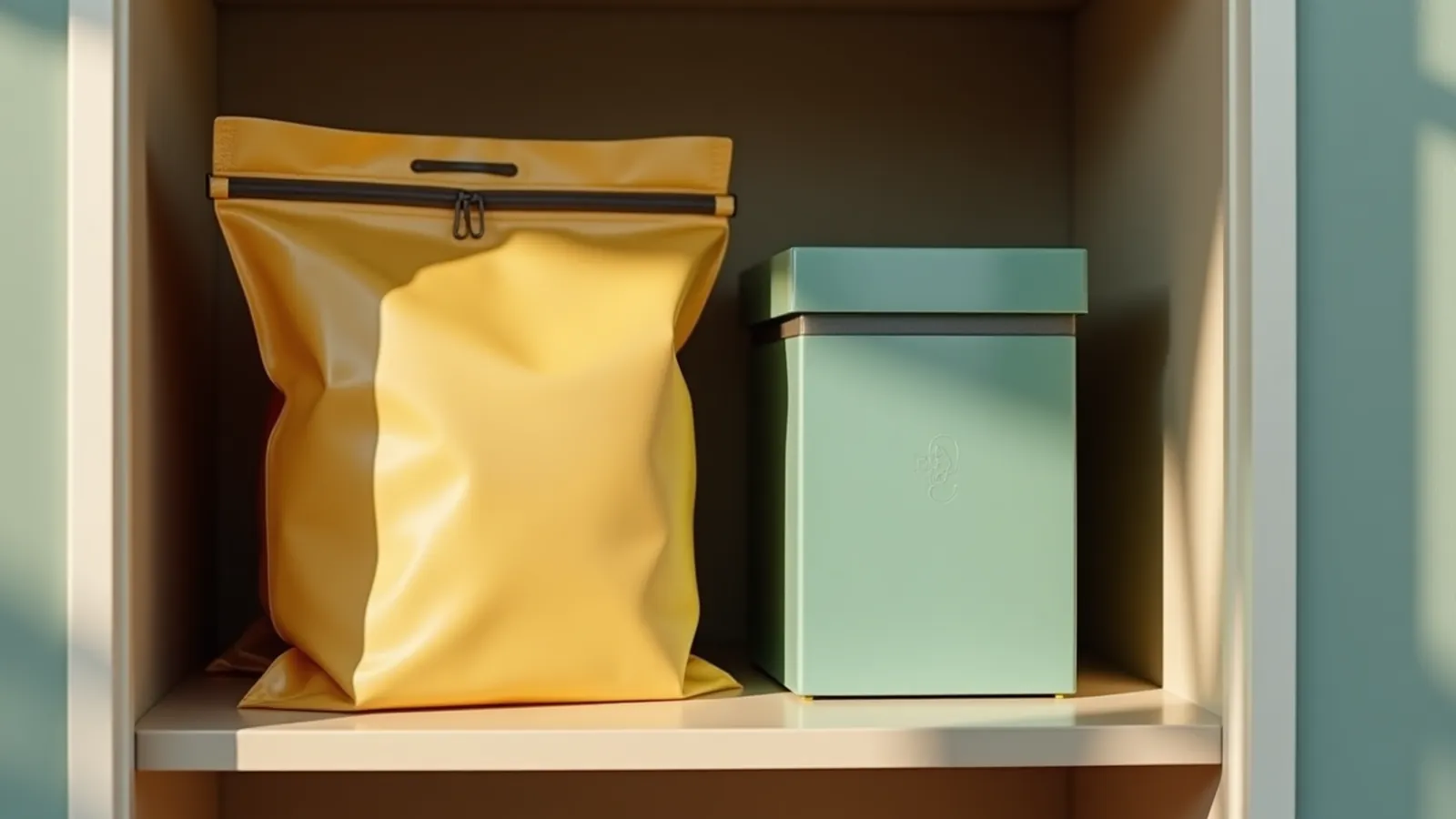 Waterproof bags, binder and fireproof box stored on a hallway closet shelf.
