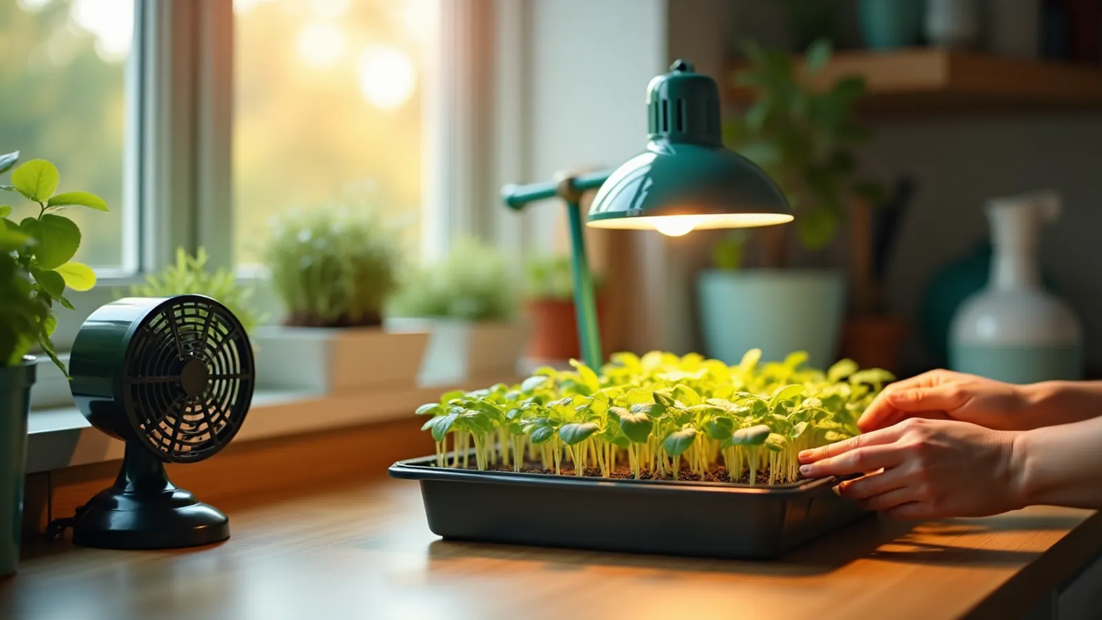 Hands adjusting a grow light above a tray of seedlings starting indoors on a bright counter