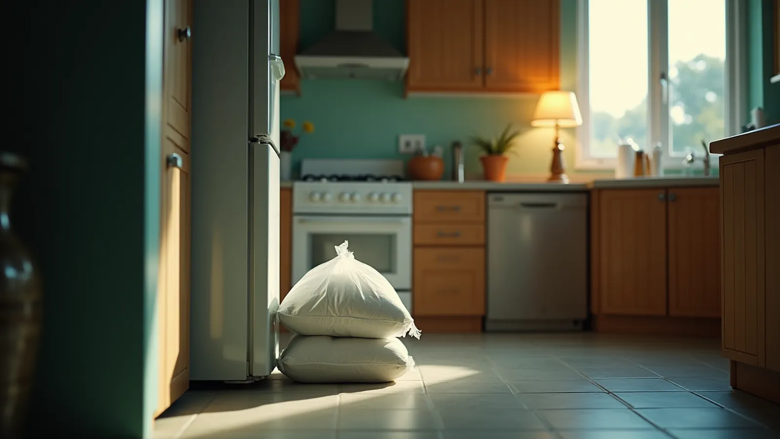 How to keep fridge cold during a power outage: closed fridge with ice bags beside it in a dim kitchen