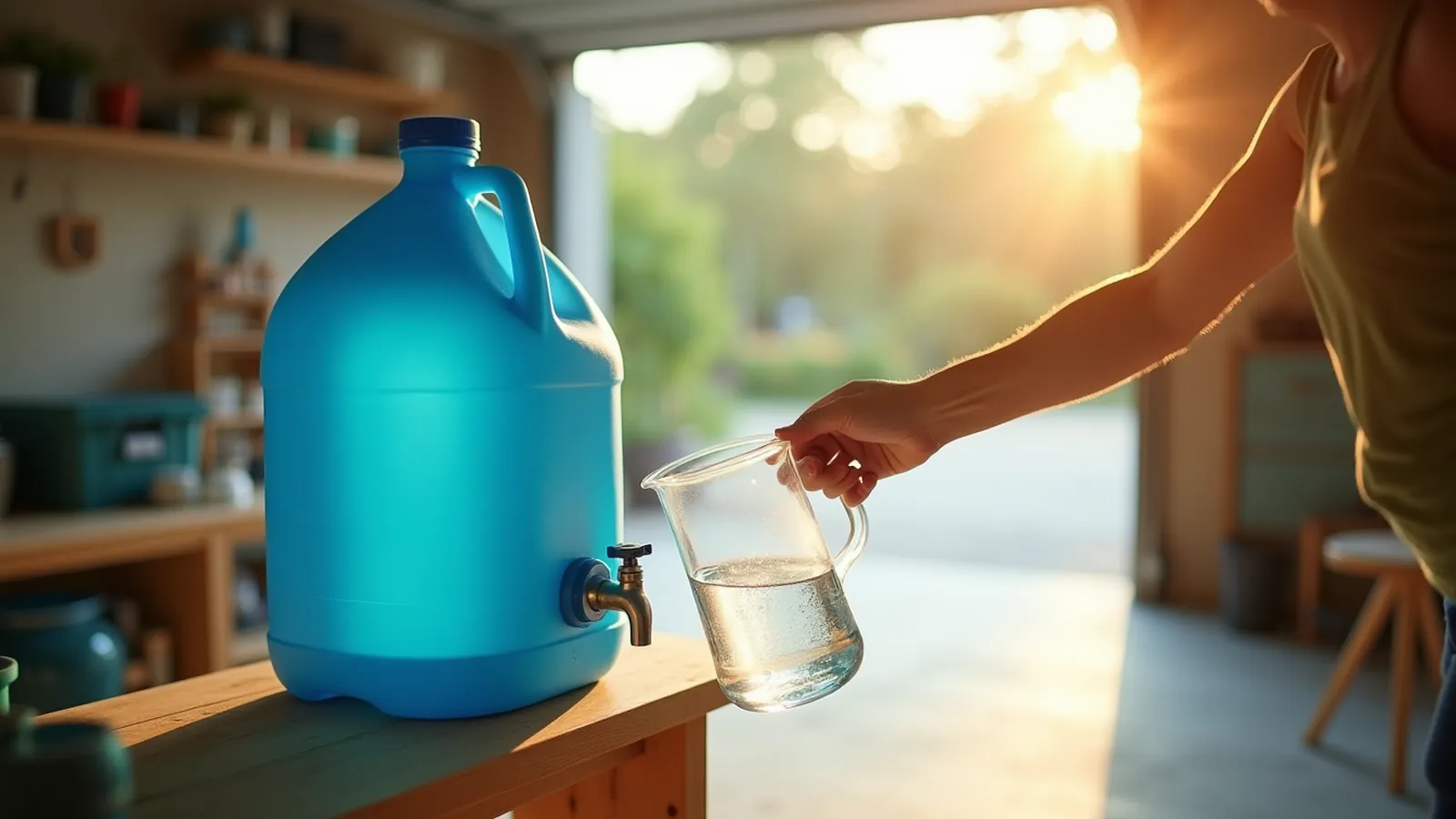 A hand fills a glass pitcher from the spigot of a large blue water jug on a garage bench