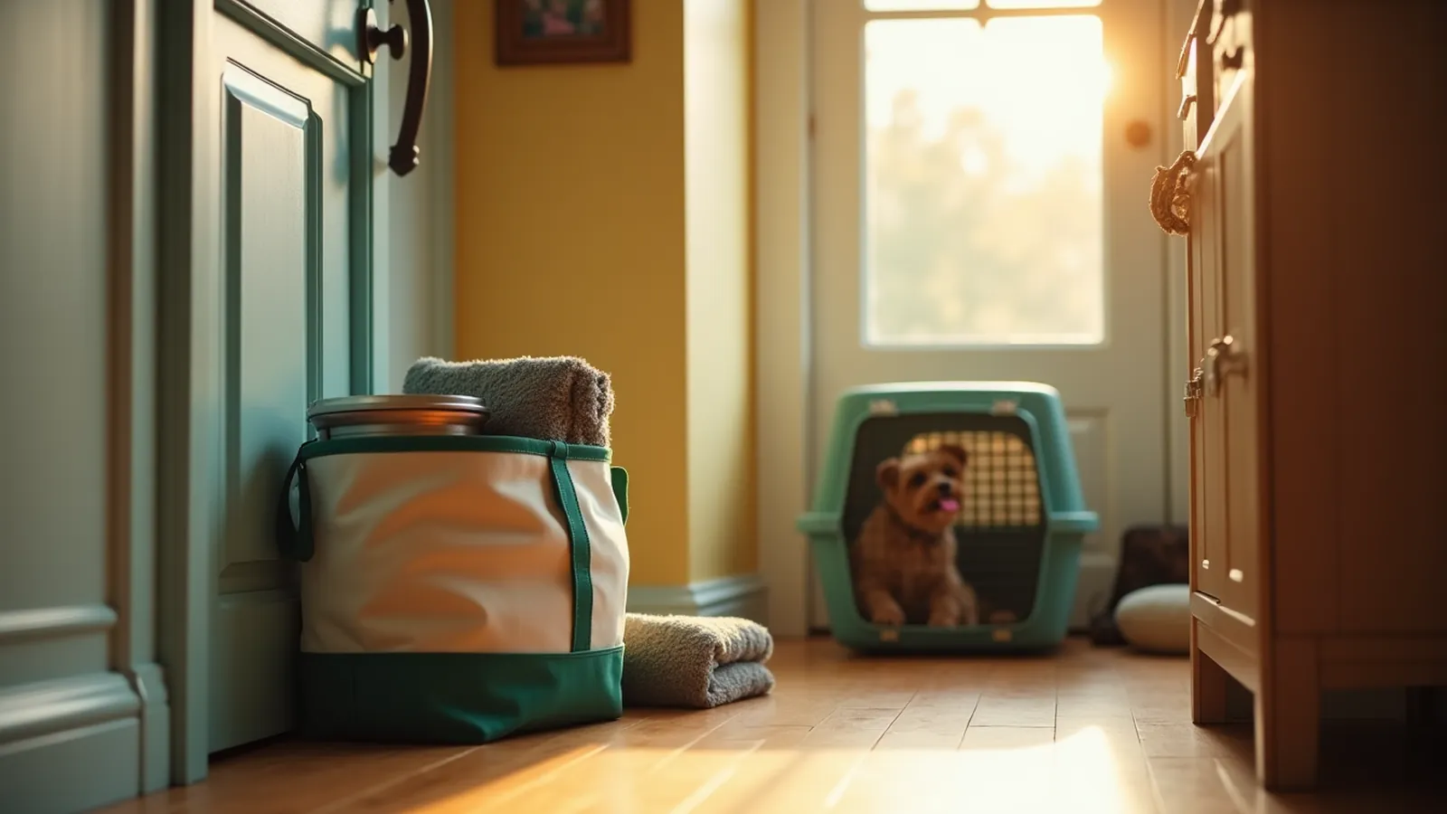Packed pet emergency kit tote and carrier waiting by a front door in morning light