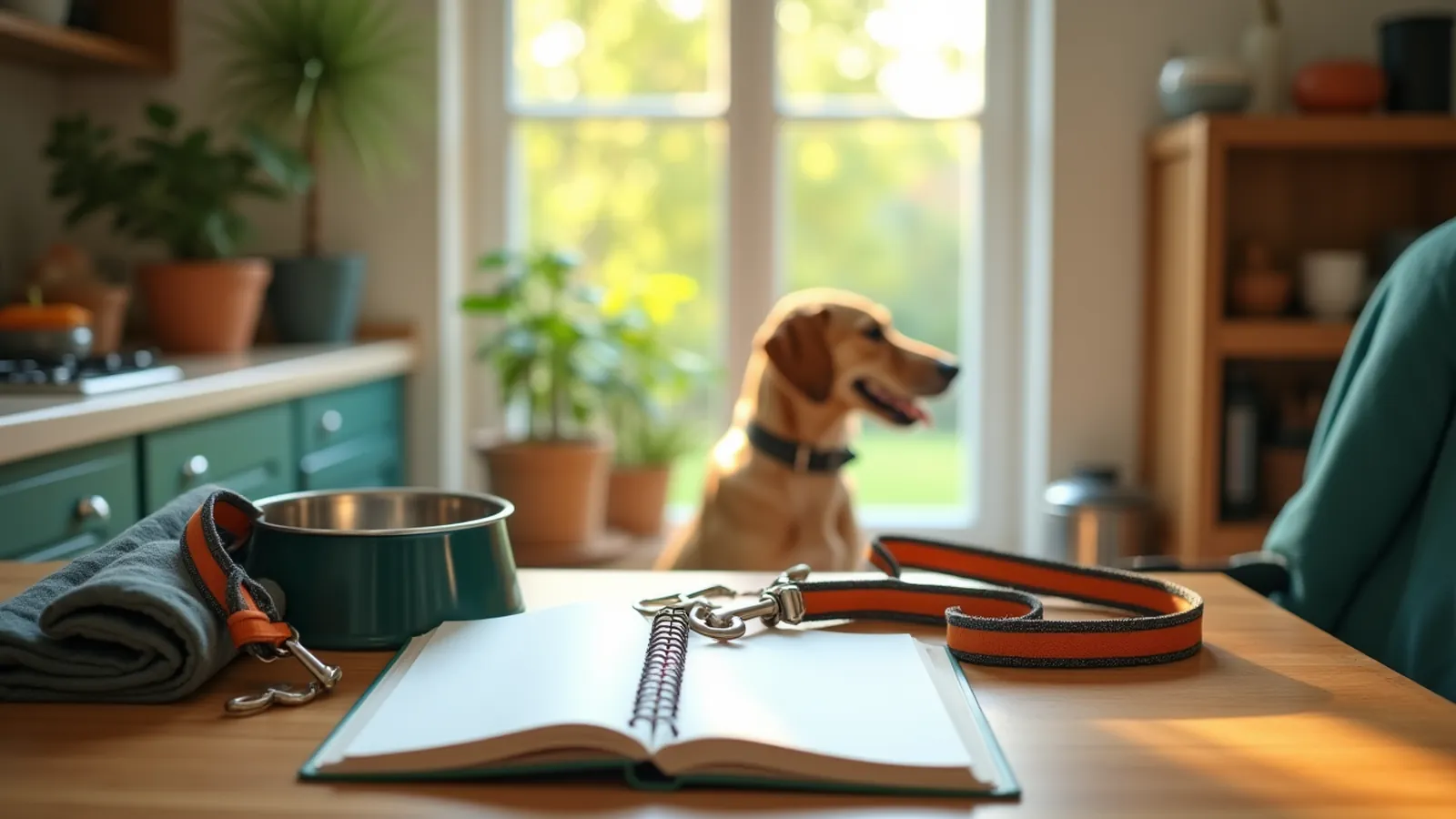 Leash, dog bowl and packed bag on a kitchen table for planning pet friendly shelters