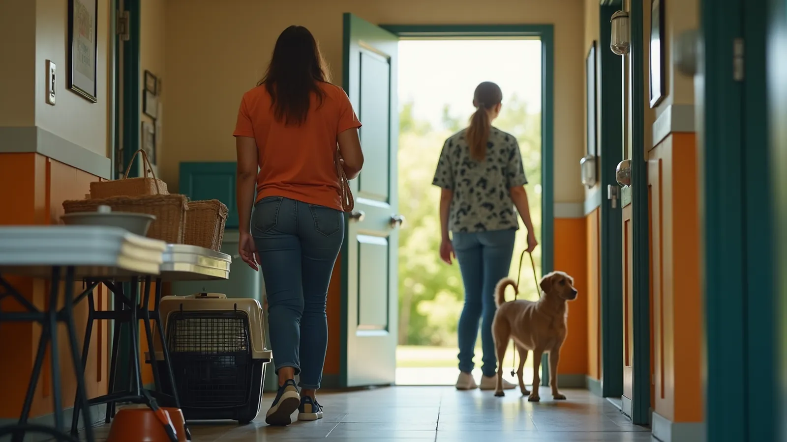 Hands checking leash and crate at a shelter doorway beside a folding table