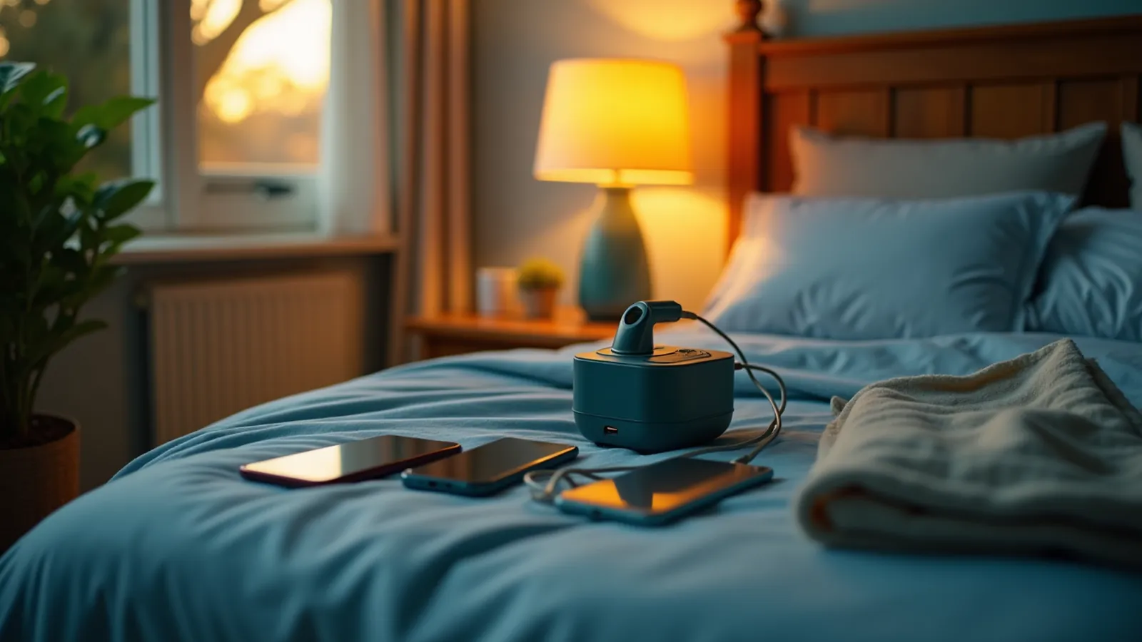 Bedside table with power station charging a CPAP machine and two phones at dusk.