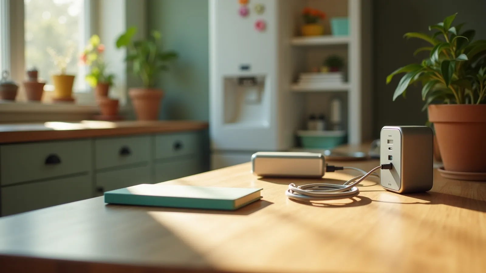 Compact portable power station for fridge planning sits on a kitchen counter with cables and notebook.