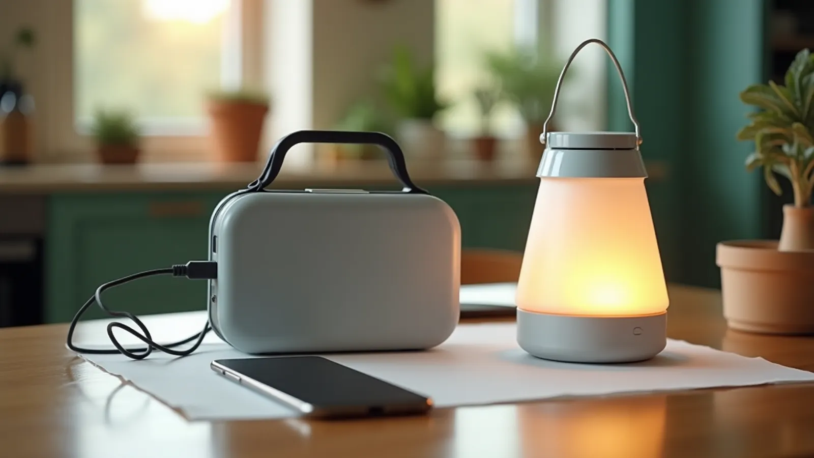 A plain gray portable power station charging a phone beside a glowing LED camping lantern on a kitchen table