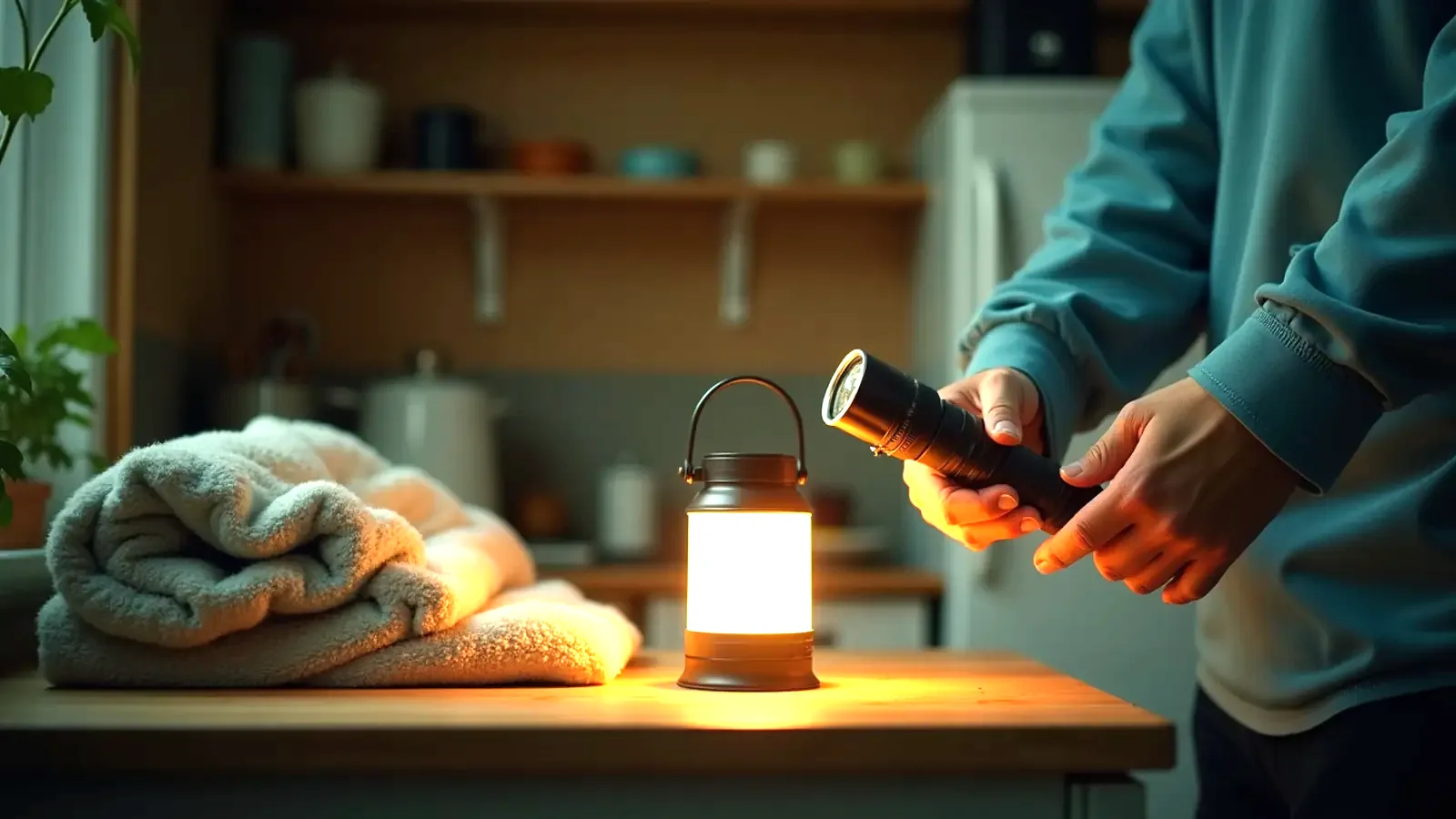Flashlight and lantern on a kitchen table during a power outage with closed fridge