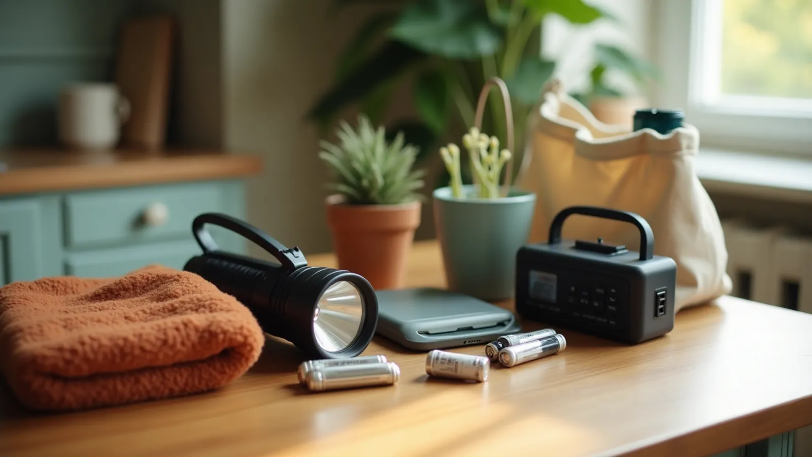 A power outage survival kit on a kitchen table: flashlight, hand-crank radio, power bank, batteries and a fleece blanket