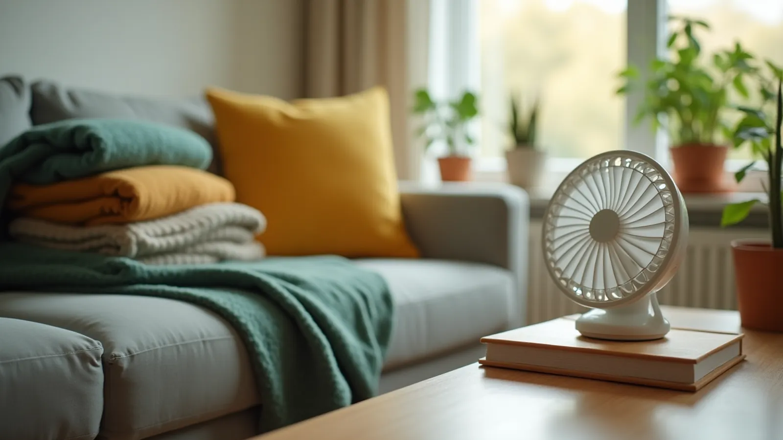 Folded blankets on a sofa beside a small white battery desk fan on a coffee table