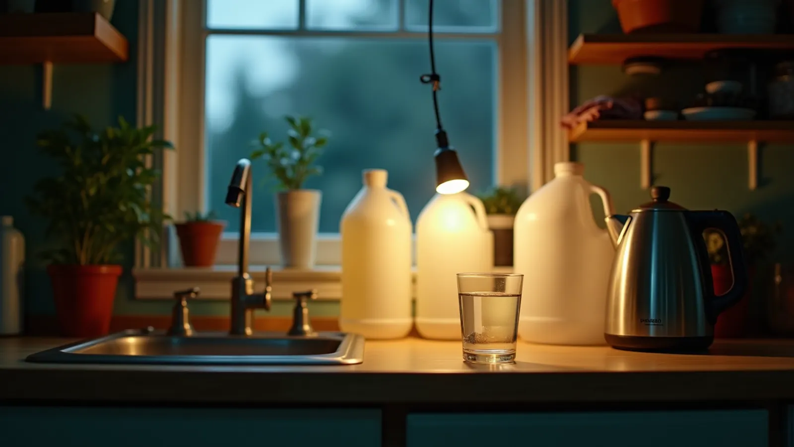 Power outage water jugs and a glass sit on a dim kitchen counter.