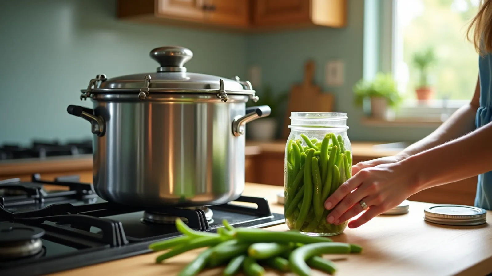 Pressure canning for beginners: a canner on the stove beside jars of fresh green beans and new lids