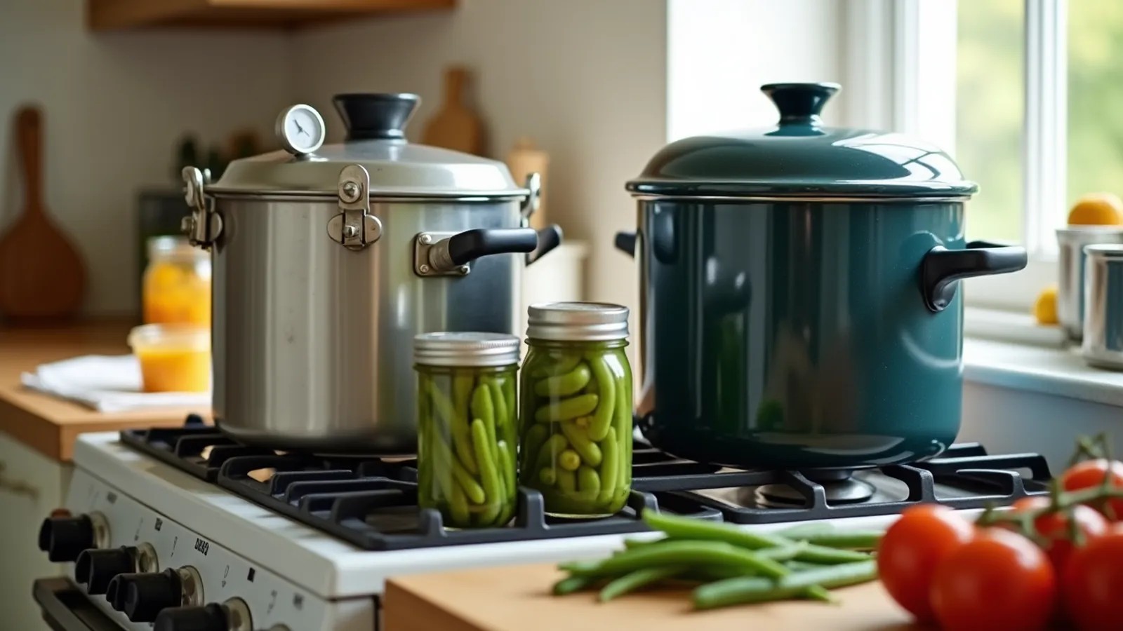 A clamped pressure canner with a dial gauge and a blue enamel water-bath canner on a stove behind jars of green beans