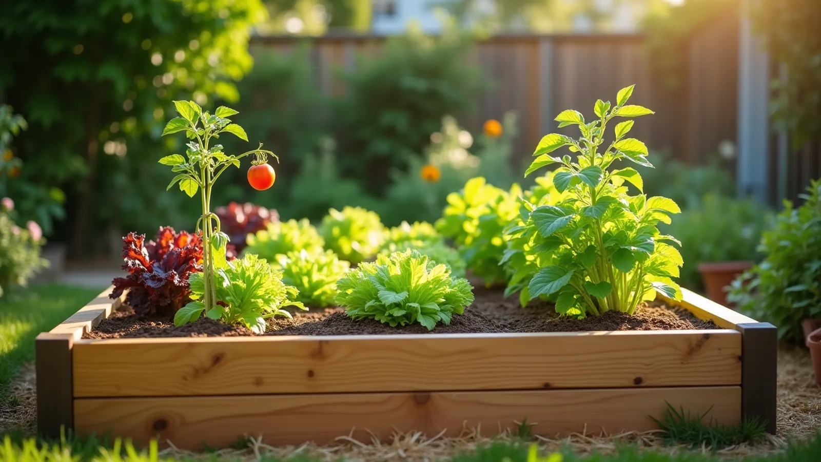 A wooden raised bed in a sunny backyard with lettuce, leafy greens and a staked tomato plant