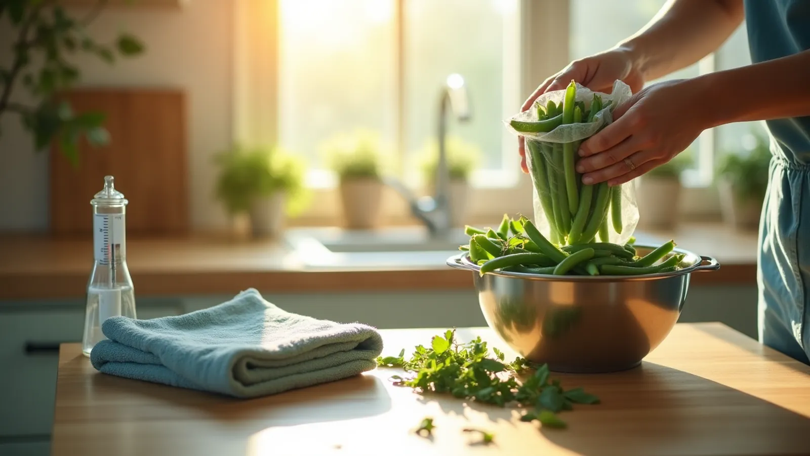Hands inspect frozen vegetables on a counter before deciding whether to refreeze them