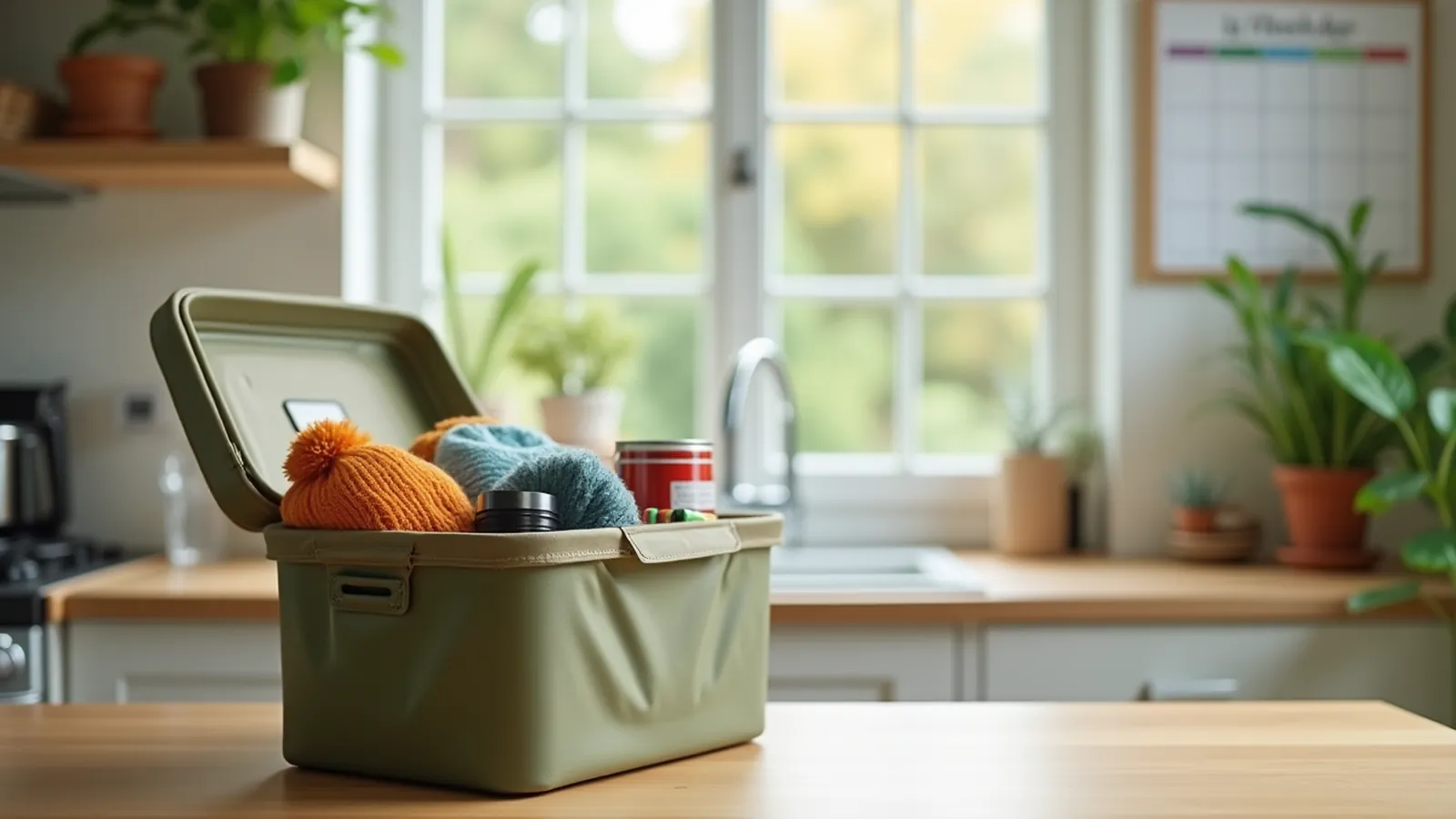 Open seasonal emergency kit tote and calendar on a kitchen table