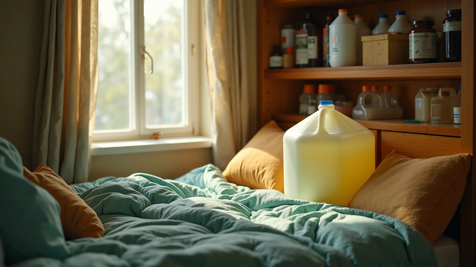 Stacked water bottles and two jugs stored under a bed and closet shelf.